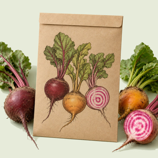 Kraft seed packet illustrated with Gourmet Beet Blend, with fresh Gourmet Beet Blend beside it