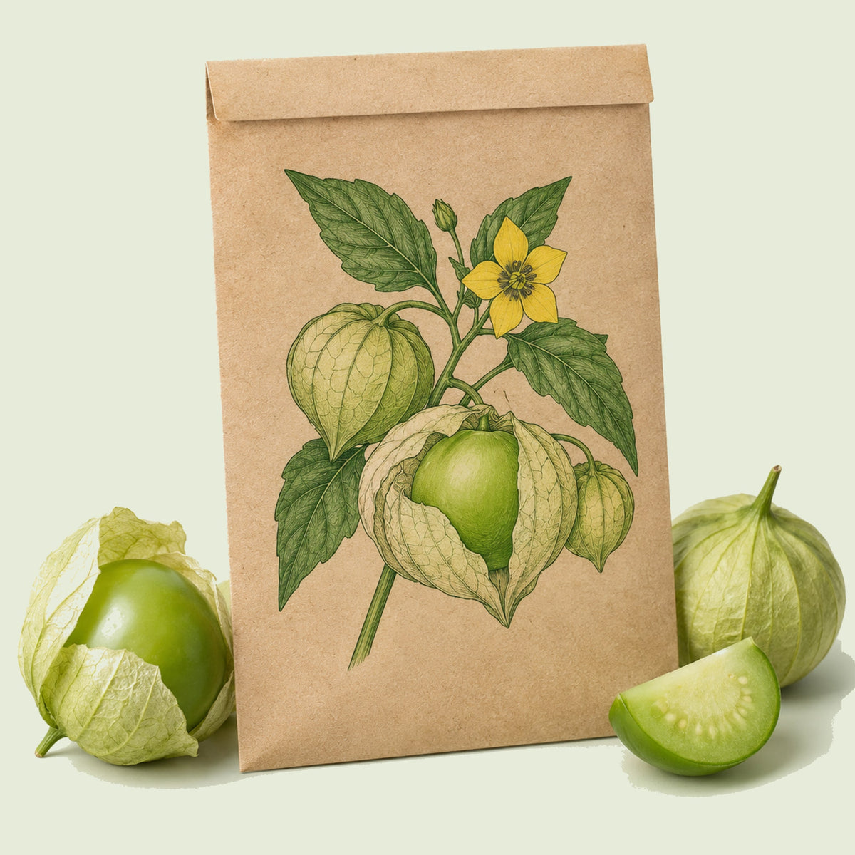 Kraft seed packet illustrated with Grande Rio Verde Tomatillo, with fresh Grande Rio Verde Tomatillo beside it