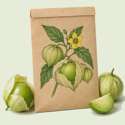 Kraft seed packet illustrated with Grande Rio Verde Tomatillo, with fresh Grande Rio Verde Tomatillo beside it