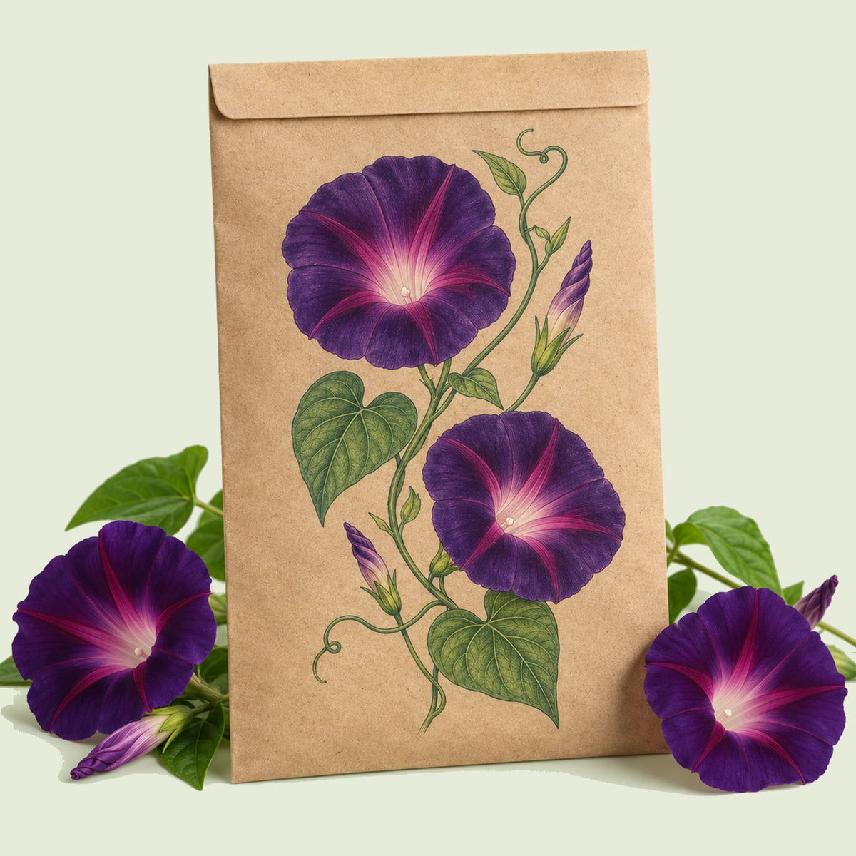Kraft seed packet illustrated with Grandpa Ott's Morning Glory, with fresh Grandpa Ott's Morning Glory beside it