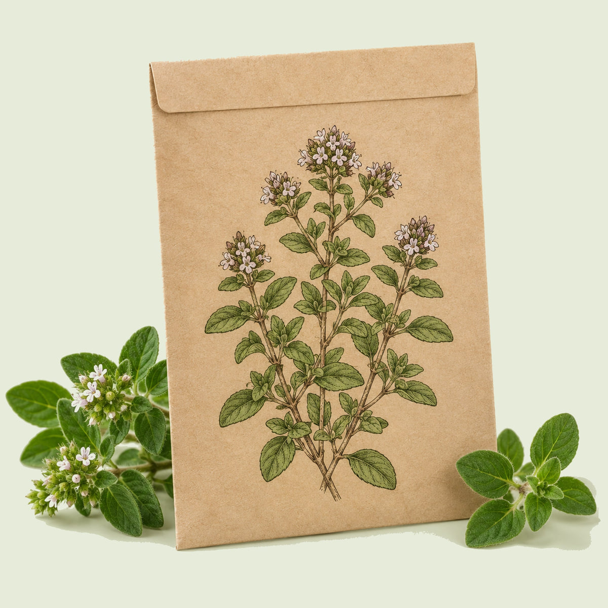 Kraft seed packet illustrated with Greek Oregano Culinary Herb, with fresh Greek Oregano Culinary Herb beside it