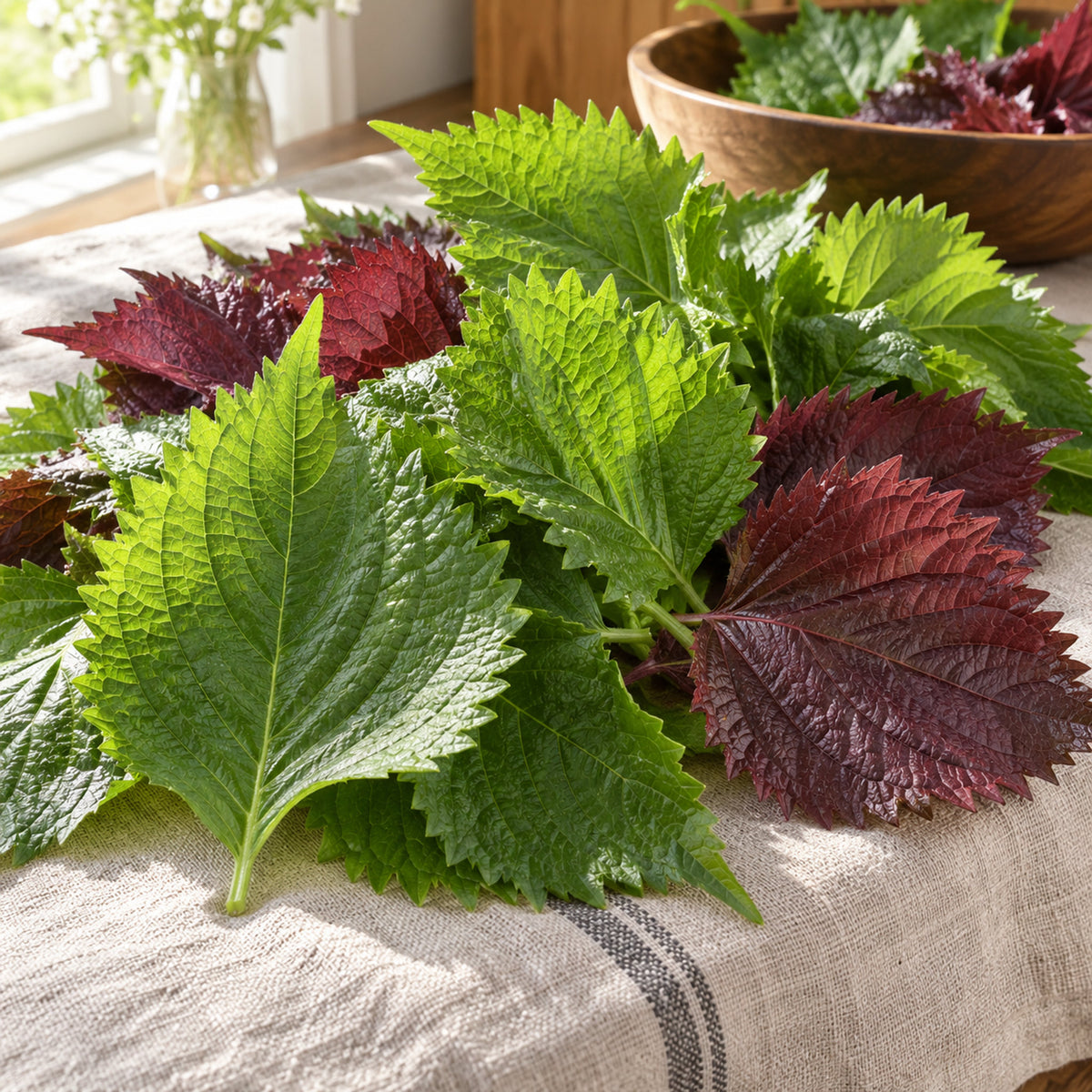 Green and Red Shiso Perilla Seeds harvest up close