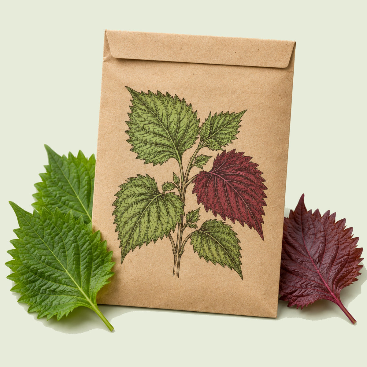 Kraft seed packet illustrated with Green and Red Shiso Perilla, with fresh Green and Red Shiso Perilla beside it