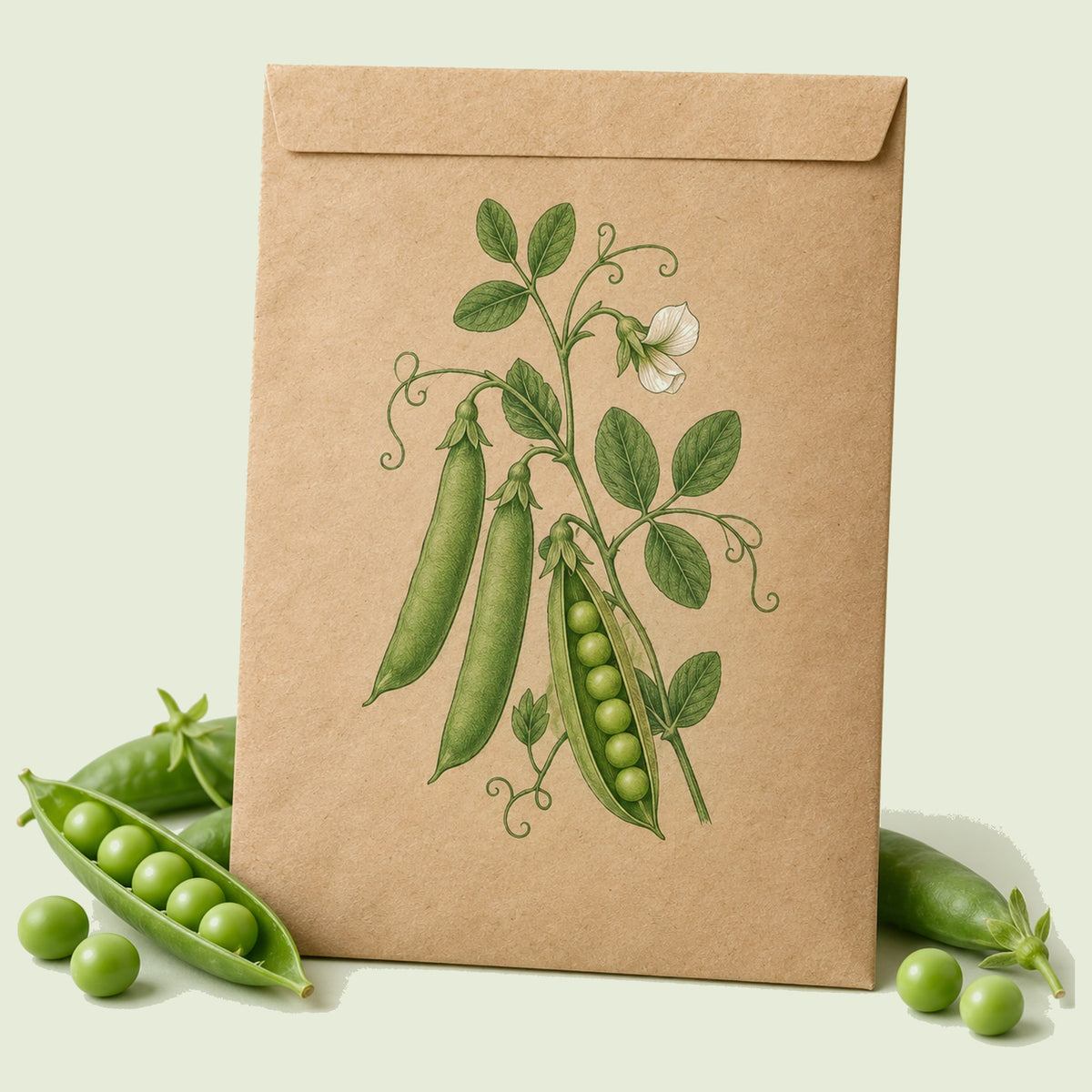 Kraft seed packet illustrated with Green Arrow Shelling Pea, with fresh Green Arrow Shelling Pea beside it