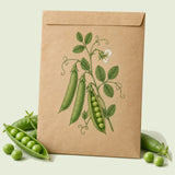 Kraft seed packet illustrated with Green Arrow Shelling Pea, with fresh Green Arrow Shelling Pea beside it