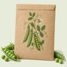 Kraft seed packet illustrated with Green Arrow Shelling Pea, with fresh Green Arrow Shelling Pea beside it