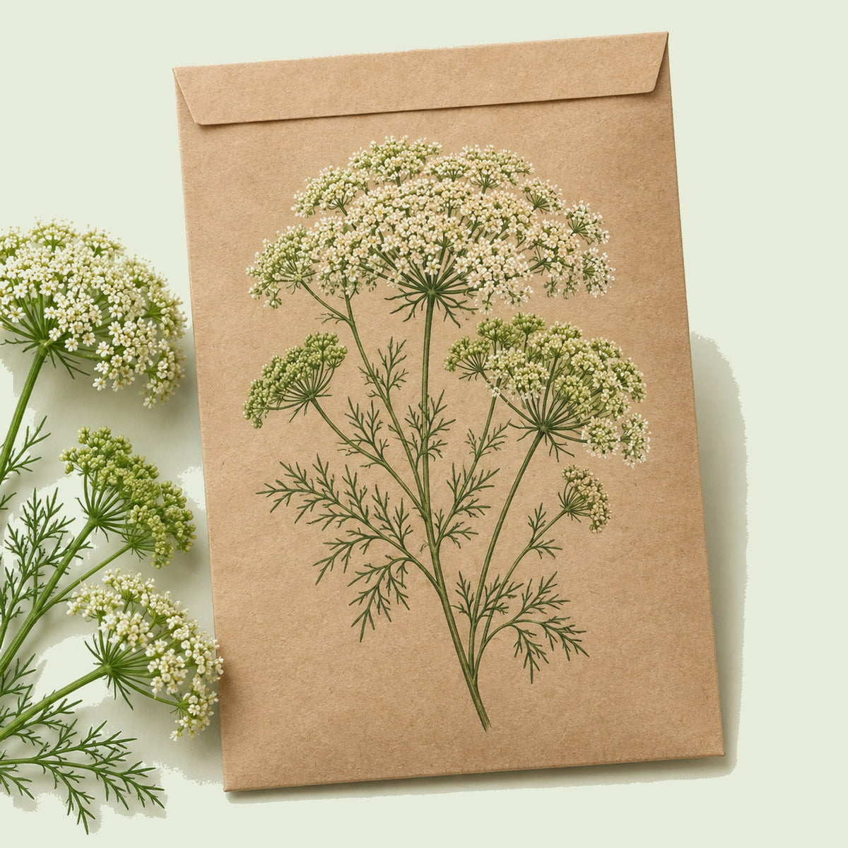 Kraft seed packet illustrated with Green Mist Ammi, with fresh Green Mist Ammi beside it