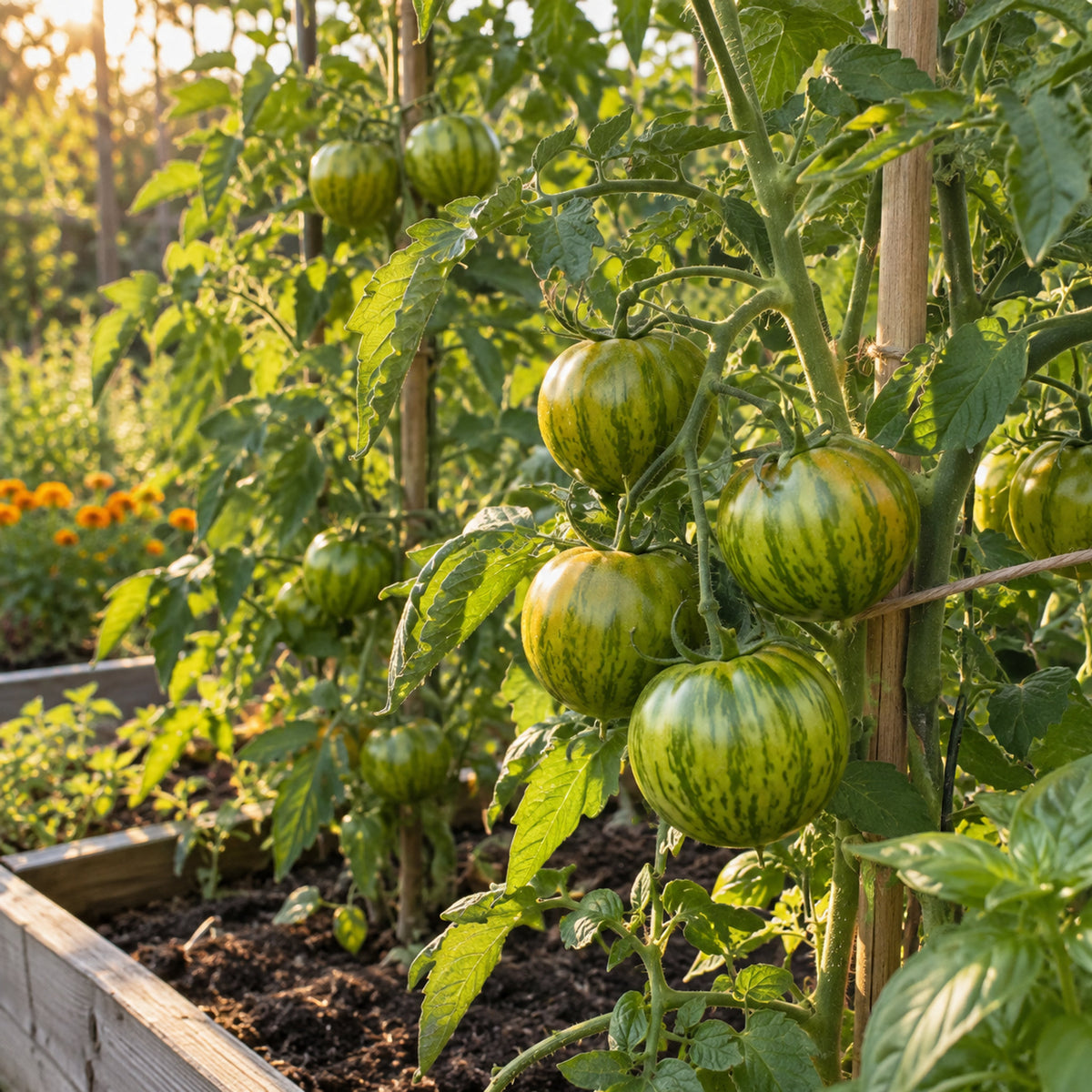 Green Zebra Striped Tomato Seeds growing in a home garden