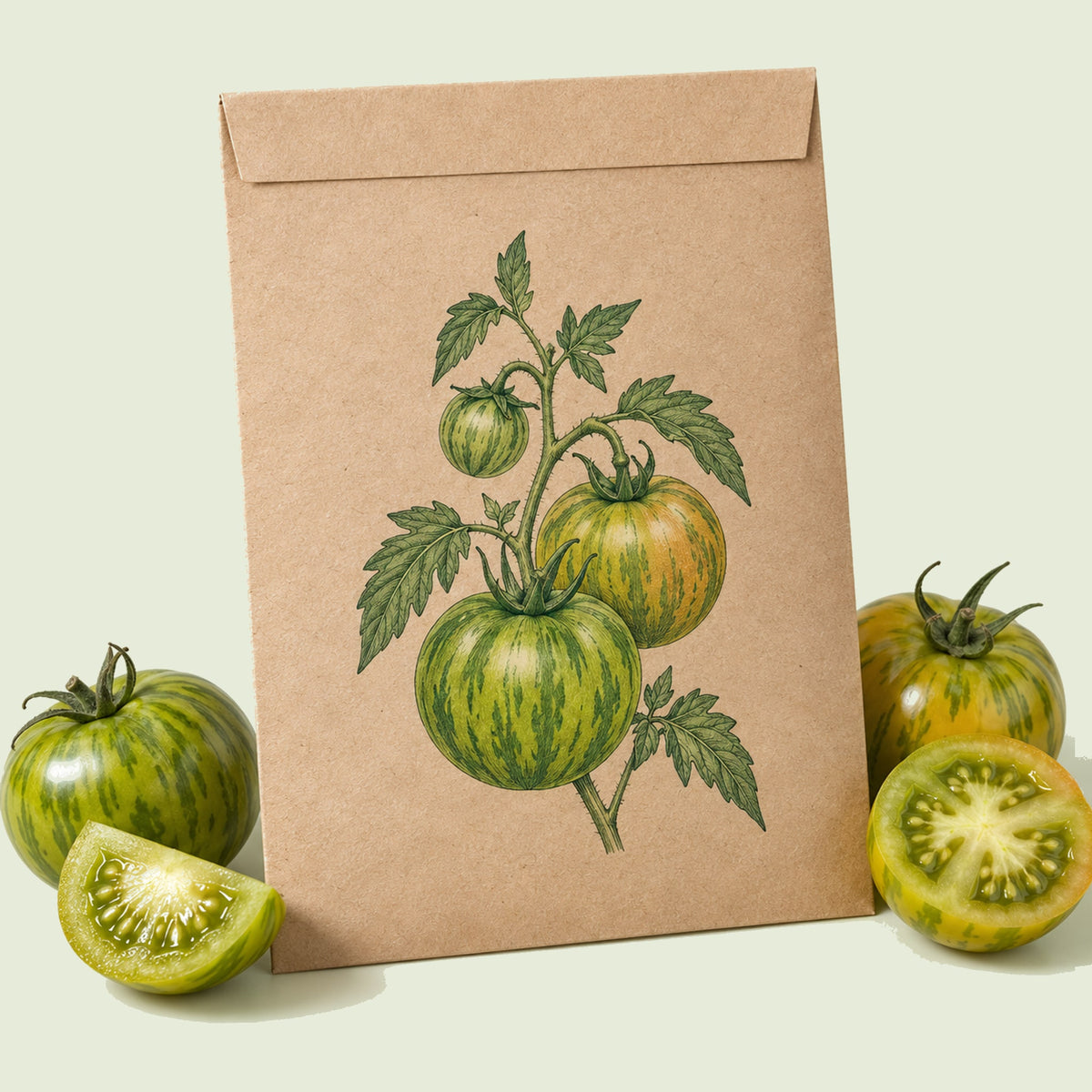 Kraft seed packet illustrated with Green Zebra Striped Tomato, with fresh Green Zebra Striped Tomato beside it
