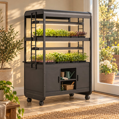 Grow Light Garden with Storage in use in a home garden