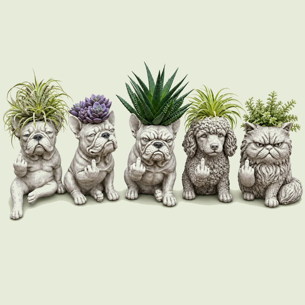 Grumpy Animal Planter on a soft green background