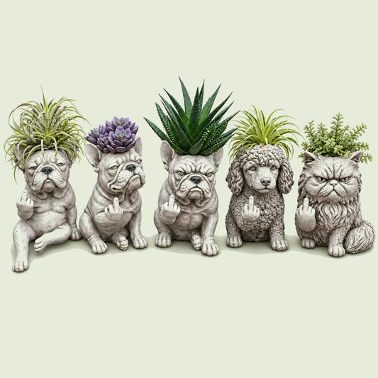 Grumpy Animal Planter on a soft green background
