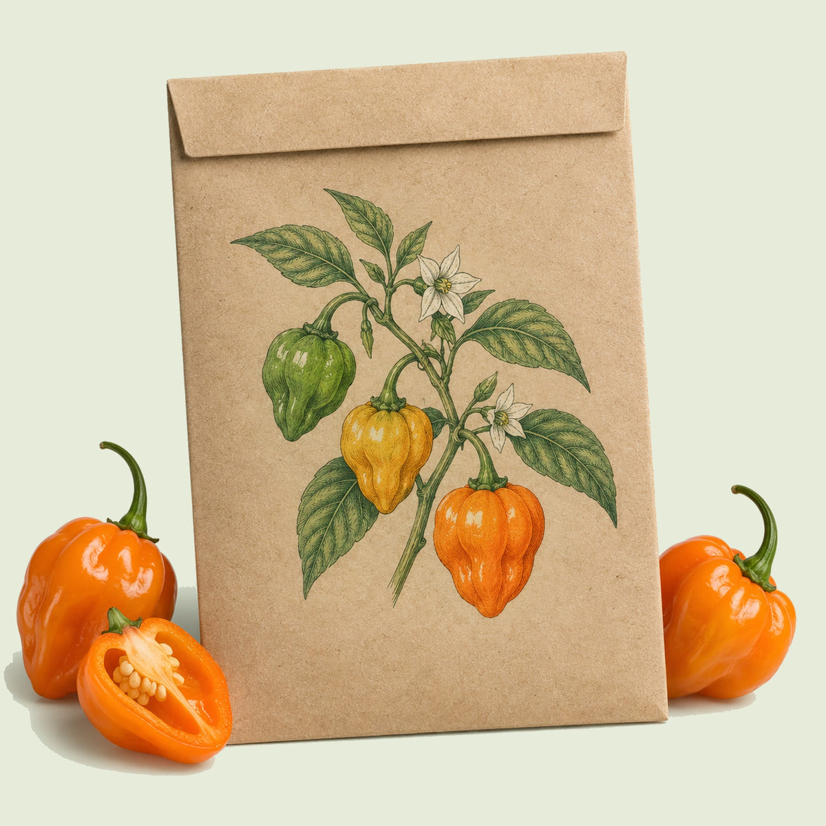 Kraft seed packet illustrated with Habanero Hot Chile Pepper, with fresh Habanero Hot Chile Pepper beside it