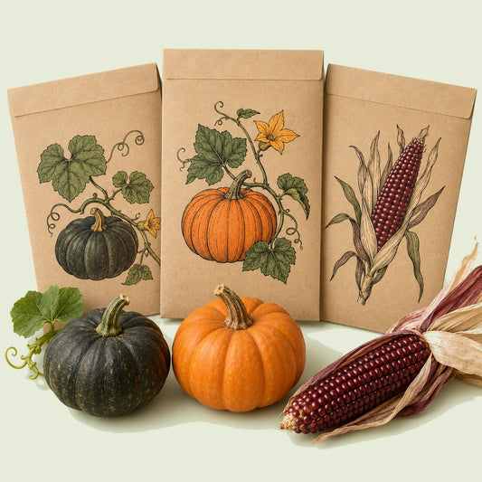 Kraft seed packet illustrated with Halloween Garden Seed Bundle, with fresh Halloween Garden Seed Bundle beside it
