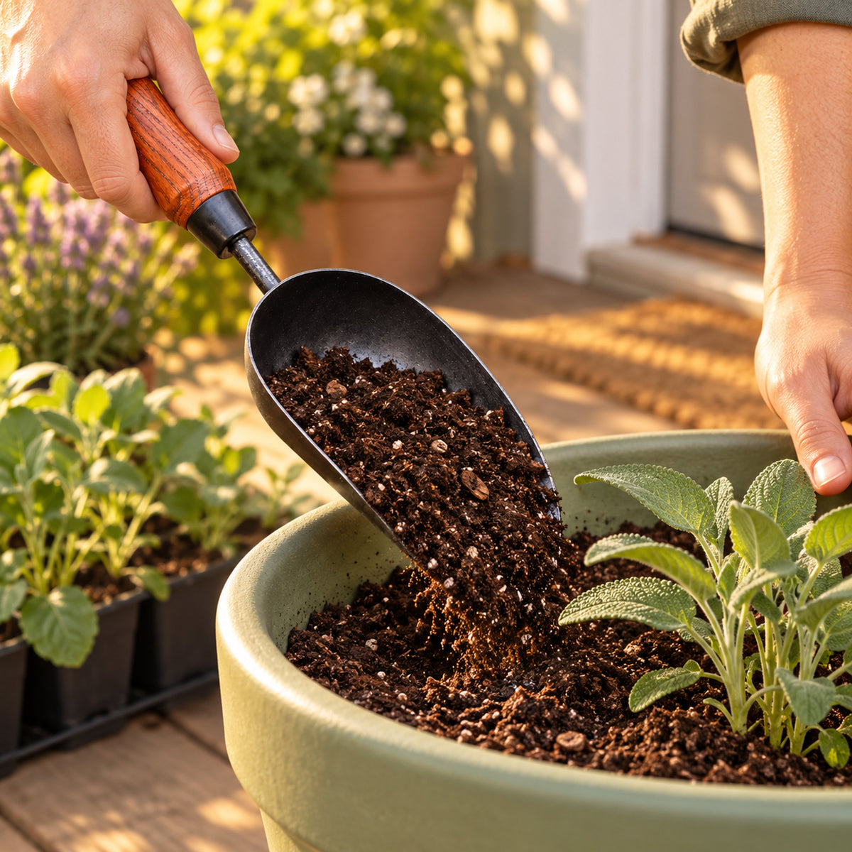 Handheld Garden Soil Scoop in use in a home garden