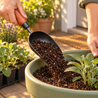 Handheld Garden Soil Scoop in use in a home garden