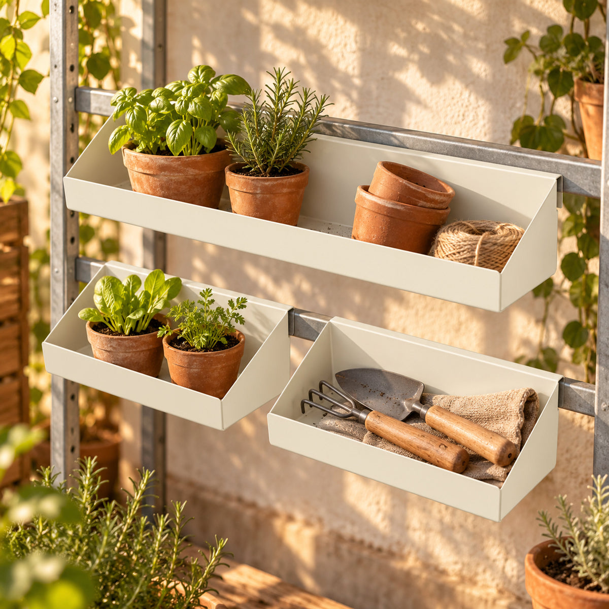 Hanging Rack Shelf Set in use in a home garden