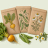 Kraft seed packet illustrated with Harvest Moon Garden Seed Bundle, with fresh Harvest Moon Garden Seed Bundle beside it