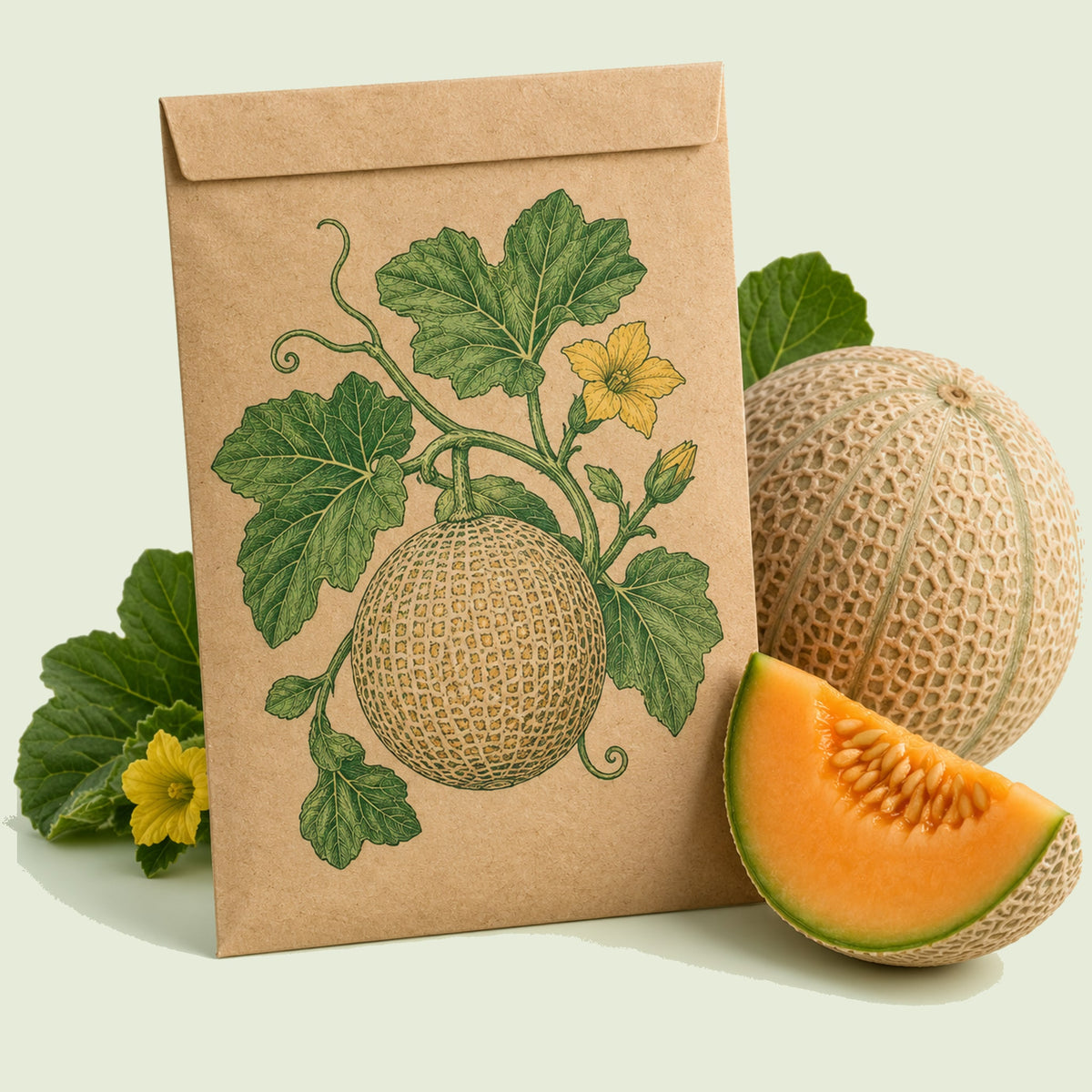 Kraft seed packet illustrated with Hearts of Gold Heirloom Cantaloupe, with fresh Hearts of Gold Heirloom Cantaloupe beside it