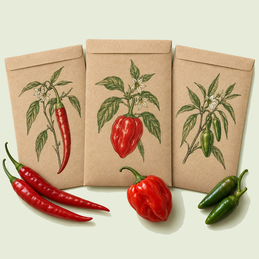 Kraft seed packet illustrated with Heatwave Chile Pepper Seed Bundle, with fresh Heatwave Chile Pepper Seed Bundle beside it