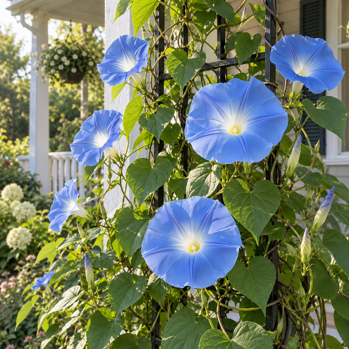 Heavenly Blue Morning Glory Seeds growing in a home garden