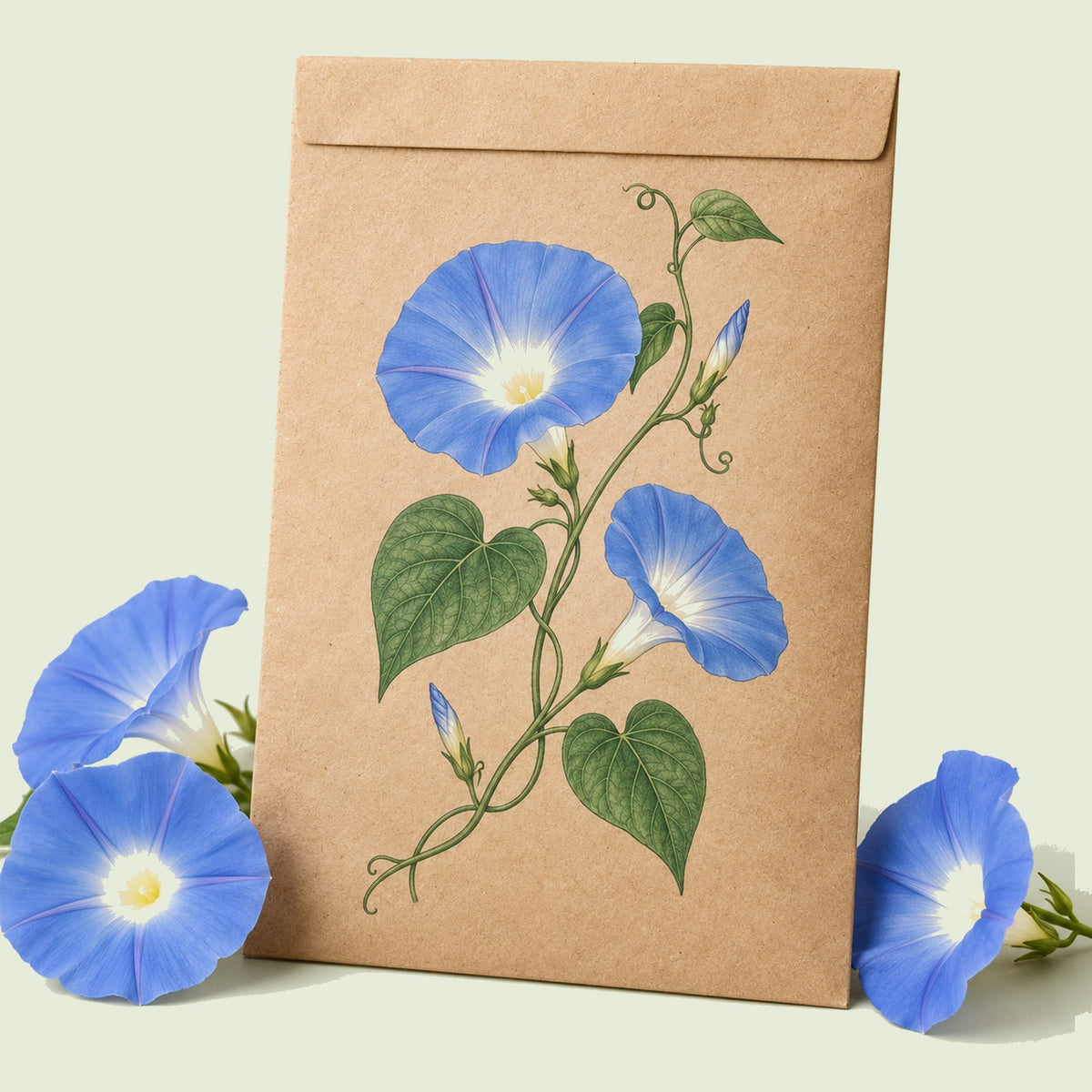 Kraft seed packet illustrated with Heavenly Blue Morning Glory, with fresh Heavenly Blue Morning Glory beside it