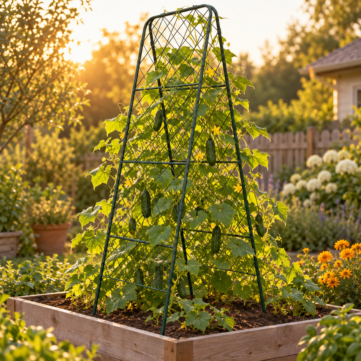 Heavy-Duty Adjustable A-Frame Trellis in use in a home garden