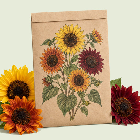 Kraft seed packet illustrated with Heirloom Beauties Sunflower, with fresh Heirloom Beauties Sunflower beside it