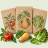 Kraft seed packet illustrated with Heirloom Seed Collection, with fresh Heirloom Seed Collection beside it