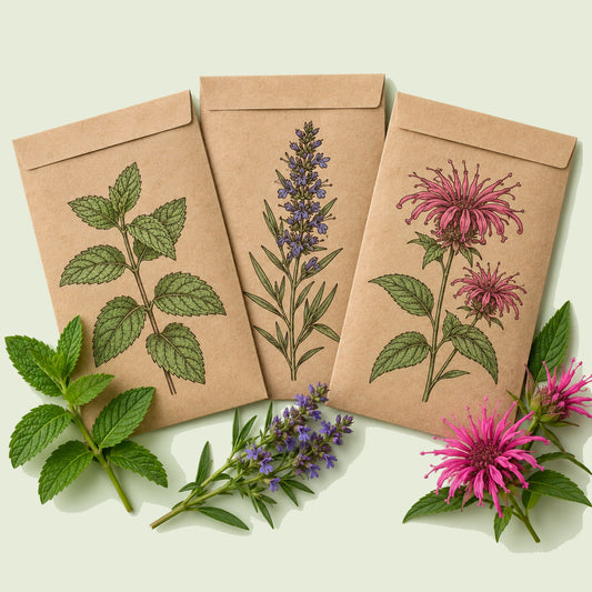 Kraft seed packet illustrated with Herb and Flower Garden Seed Bundle, with fresh Herb and Flower Garden Seed Bundle beside it