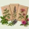 Kraft seed packet illustrated with Herb and Flower Garden Seed Bundle, with fresh Herb and Flower Garden Seed Bundle beside it