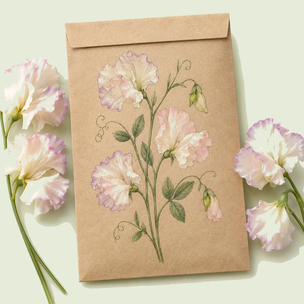 Kraft seed packet illustrated with High Scent Sweet Pea Flower, with fresh High Scent Sweet Pea Flower beside it