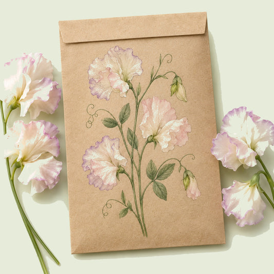 Kraft seed packet illustrated with High Scent Sweet Pea Flower, with fresh High Scent Sweet Pea Flower beside it