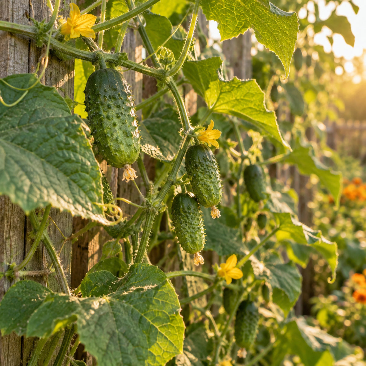Hokus Gherkin Pickling Cucumber Seeds growing in a home garden