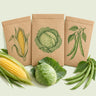 Kraft seed packet illustrated with Homestead Vegetable Seed Bundle, with fresh Homestead Vegetable Seed Bundle beside it