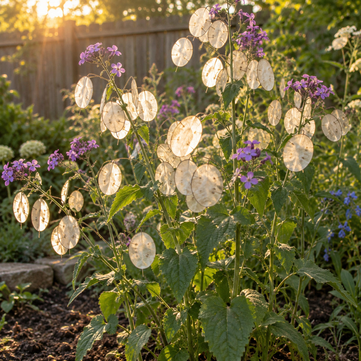 Honesty Silver Dollar Flower Seeds growing in a home garden