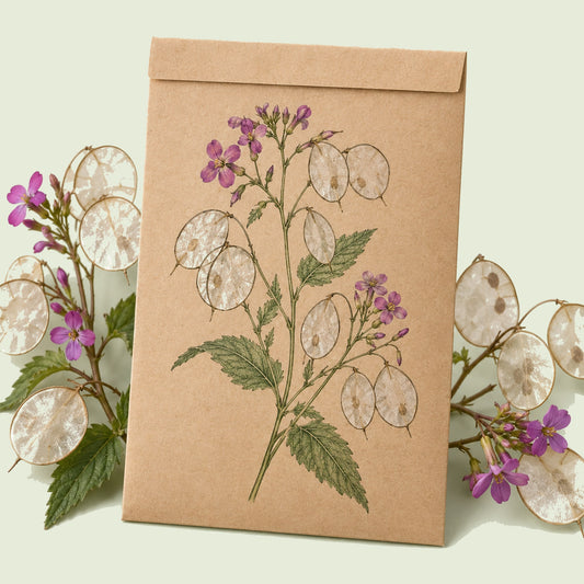 Kraft seed packet illustrated with Honesty Silver Dollar Flower, with fresh Honesty Silver Dollar Flower beside it