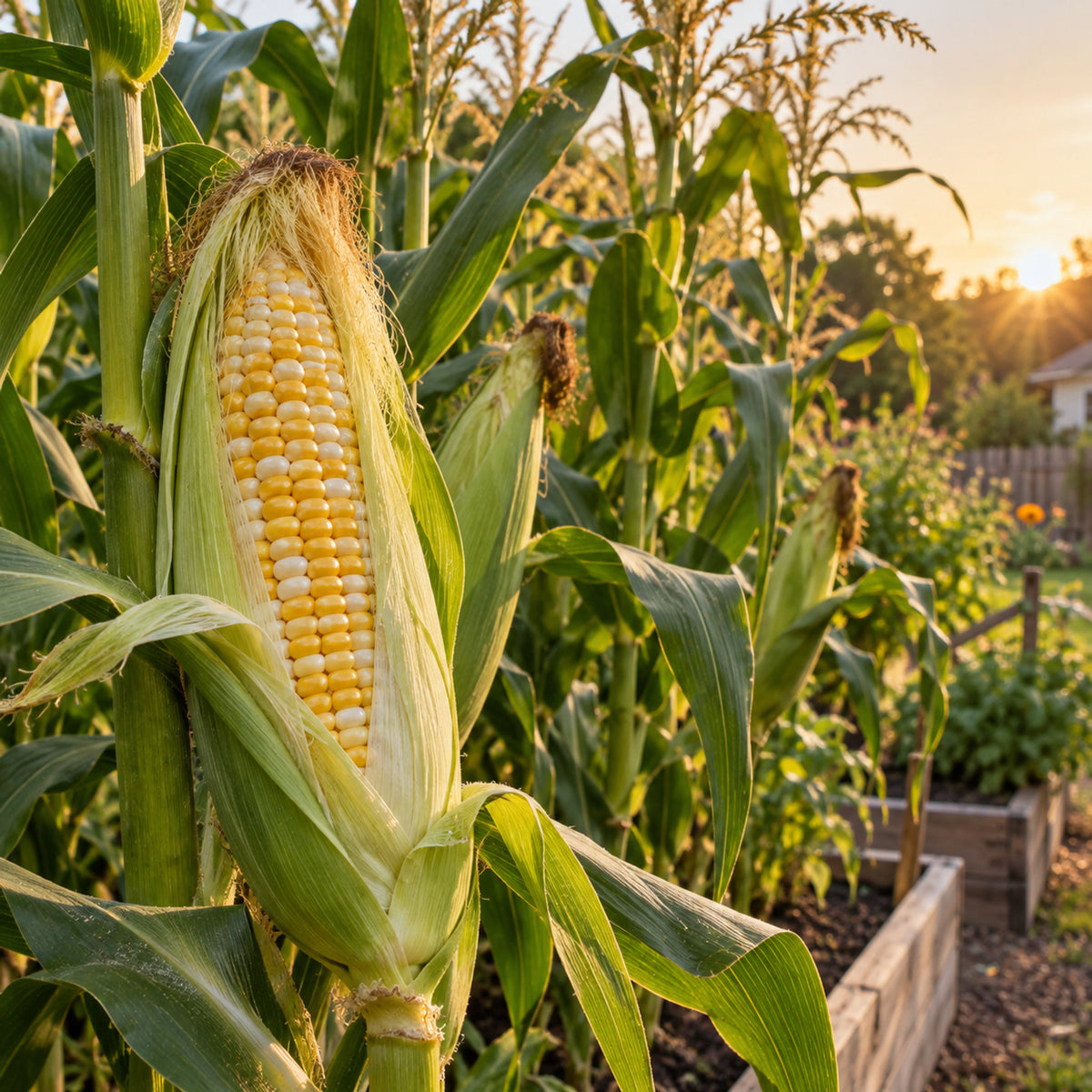 Honey And Cream Sweet Corn Seeds growing in a home garden