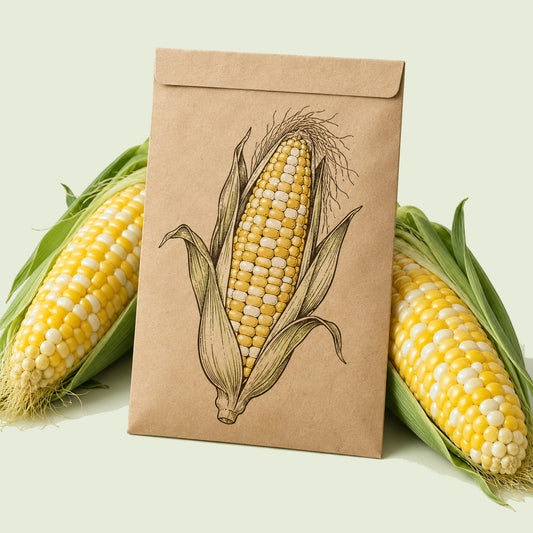 Kraft seed packet illustrated with Honey And Cream Sweet Corn, with fresh Honey And Cream Sweet Corn beside it
