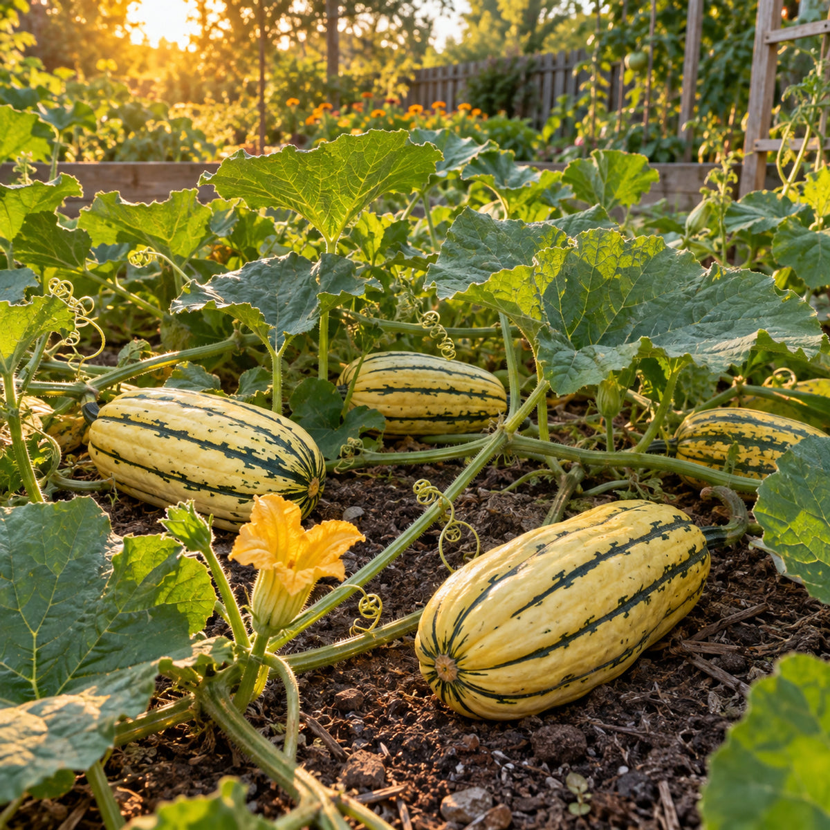Honey Boat Delicata Winter Squash Seeds growing in a home garden