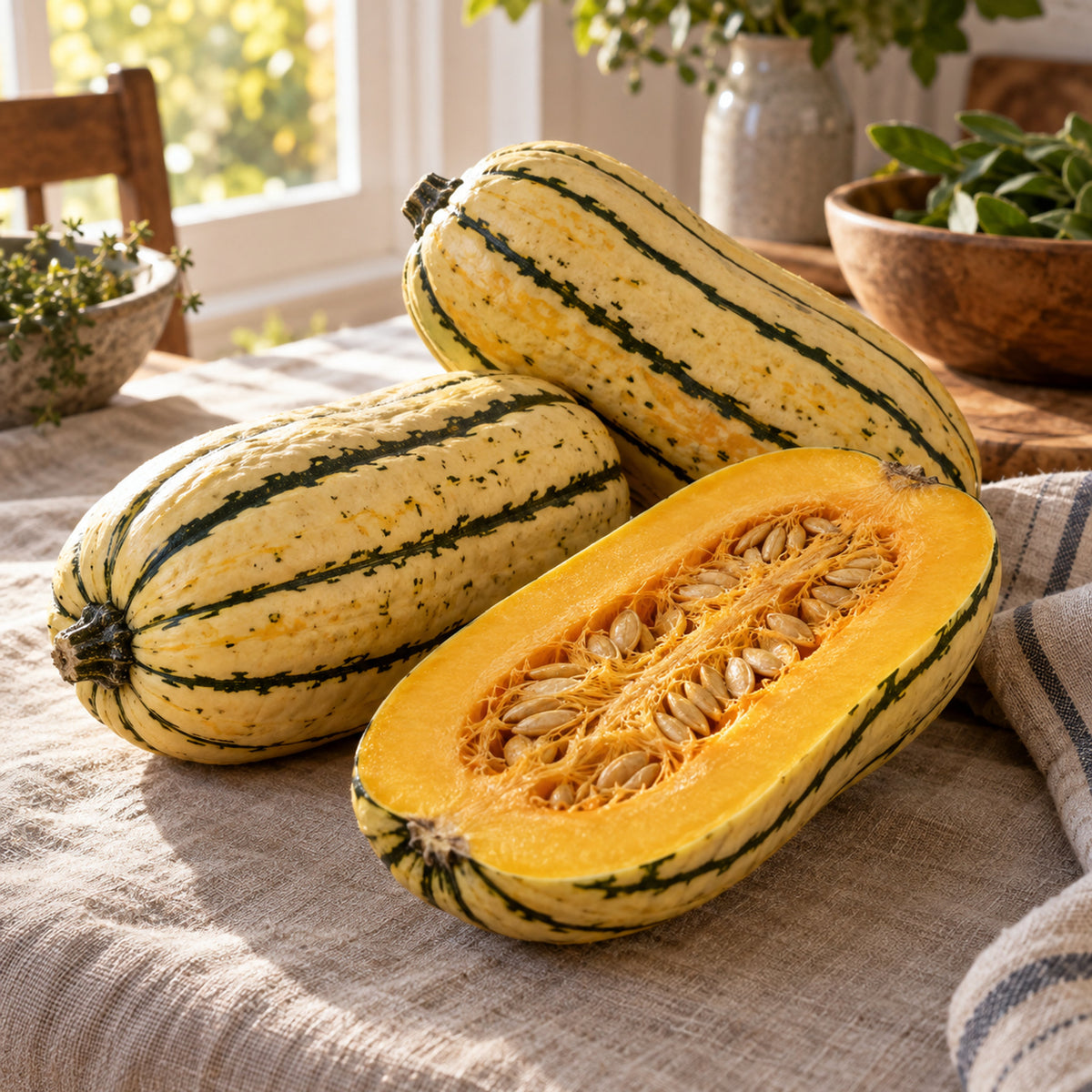Honey Boat Delicata Winter Squash Seeds harvest up close