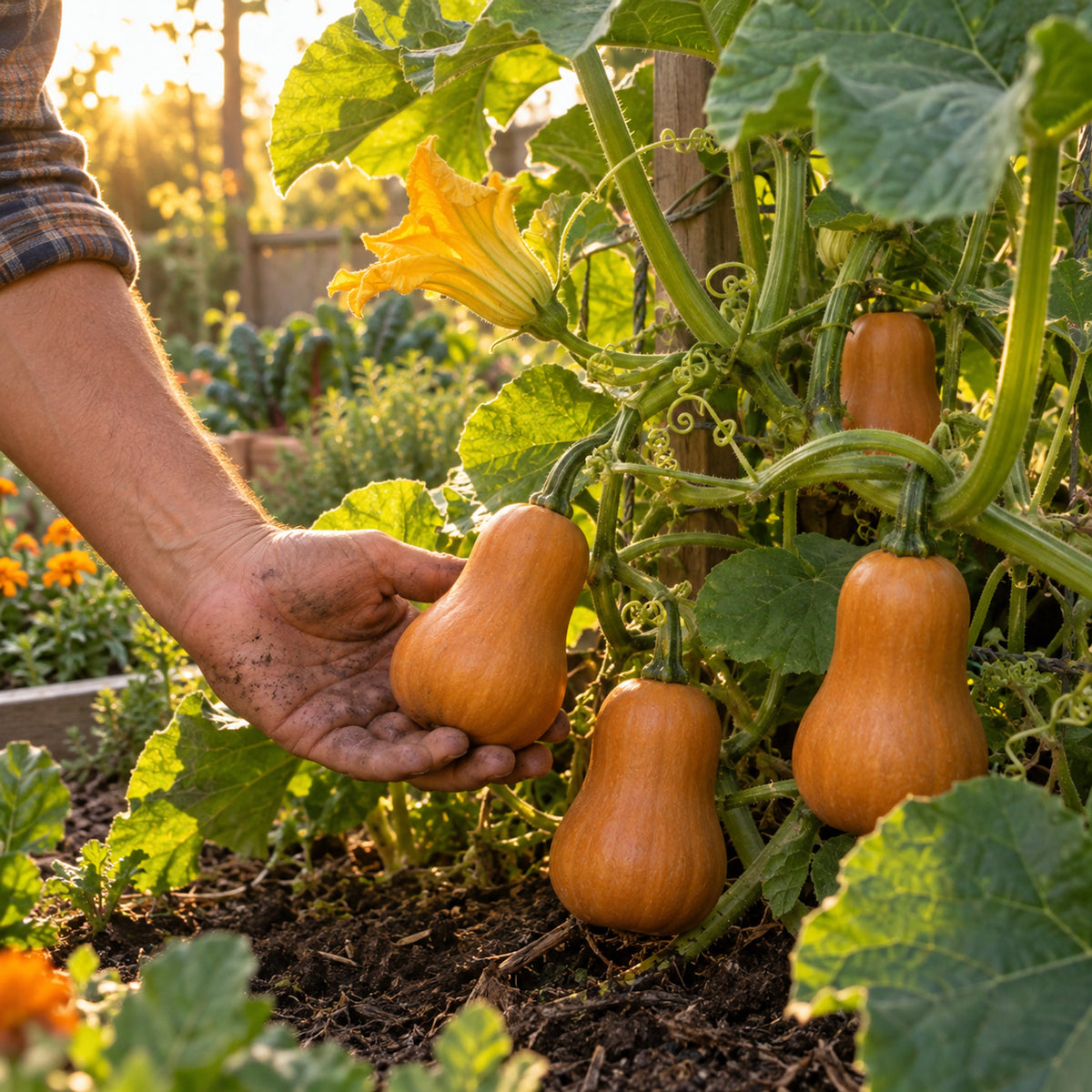 Honeynut Mini Butternut Squash Seeds growing in a home garden