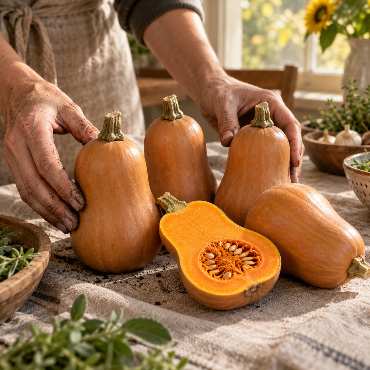 Honeynut Mini Butternut Squash Seeds harvest up close