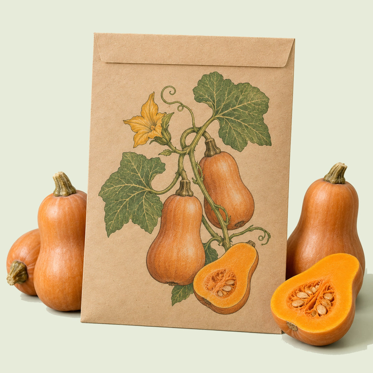 Kraft seed packet illustrated with Honeynut Mini Butternut Squash, with fresh Honeynut Mini Butternut Squash beside it