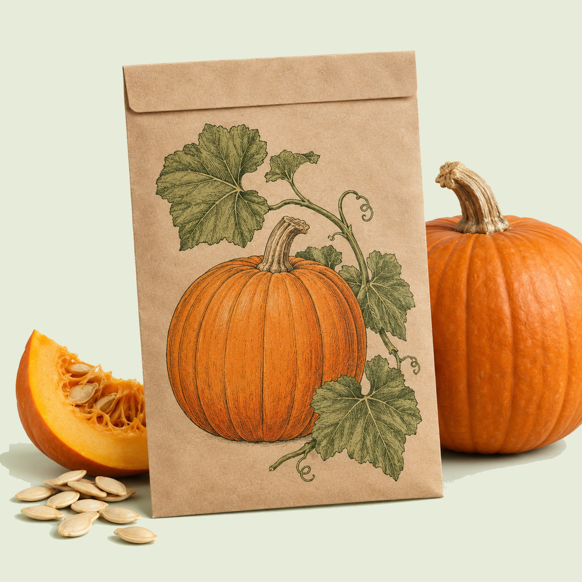 Kraft seed packet illustrated with Howden Carving Pumpkin, with fresh Howden Carving Pumpkin beside it