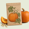 Kraft seed packet illustrated with Howden Carving Pumpkin, with fresh Howden Carving Pumpkin beside it