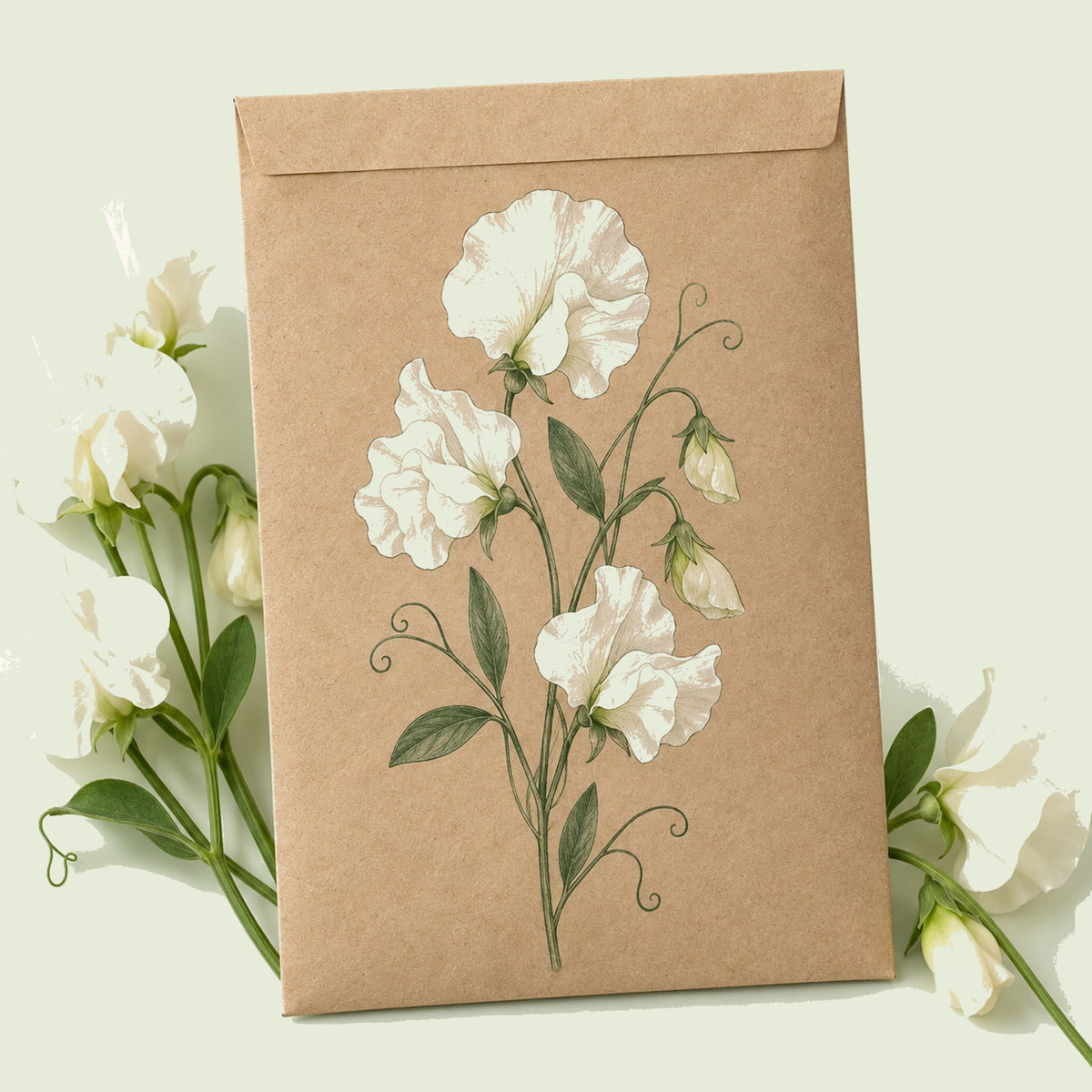 Kraft seed packet illustrated with Ice Cream Sweet Pea, with fresh Ice Cream Sweet Pea beside it