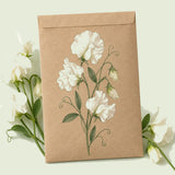 Kraft seed packet illustrated with Ice Cream Sweet Pea, with fresh Ice Cream Sweet Pea beside it
