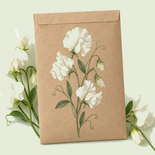 Kraft seed packet illustrated with Ice Cream Sweet Pea, with fresh Ice Cream Sweet Pea beside it