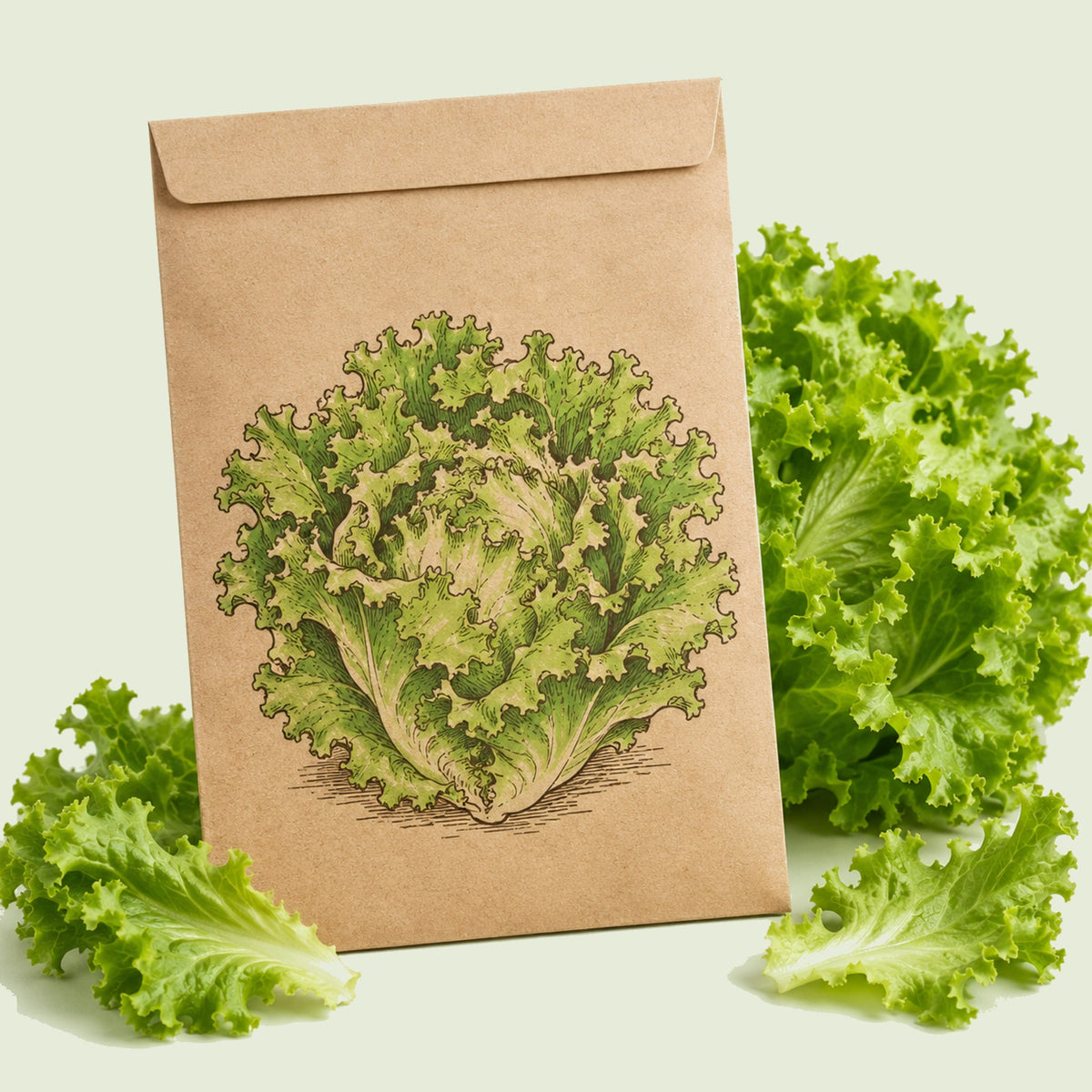 Kraft seed packet illustrated with Ice Queen Crisphead Lettuce, with fresh Ice Queen Crisphead Lettuce beside it